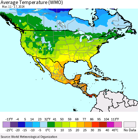 North America Average Temperature (WMO) Thematic Map For 3/11/2024 - 3/17/2024
