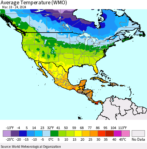 North America Average Temperature (WMO) Thematic Map For 3/18/2024 - 3/24/2024