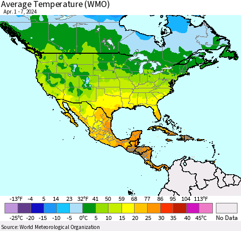 North America Average Temperature (WMO) Thematic Map For 4/1/2024 - 4/7/2024