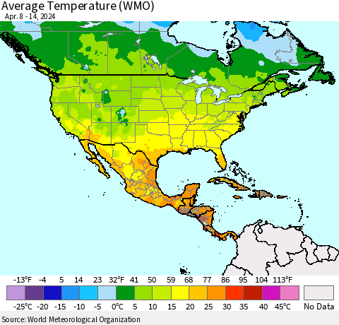 North America Average Temperature (WMO) Thematic Map For 4/8/2024 - 4/14/2024