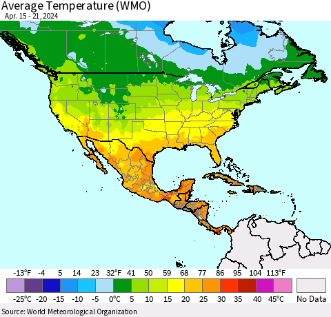 North America Average Temperature (WMO) Thematic Map For 4/15/2024 - 4/21/2024