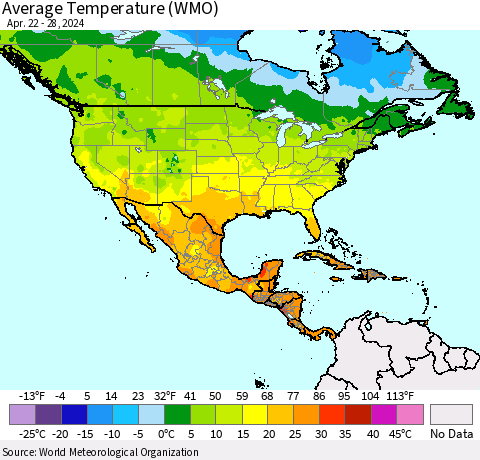 North America Average Temperature (WMO) Thematic Map For 4/22/2024 - 4/28/2024
