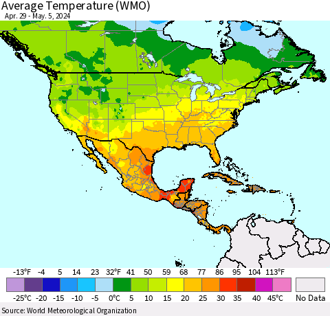 North America Average Temperature (WMO) Thematic Map For 4/29/2024 - 5/5/2024
