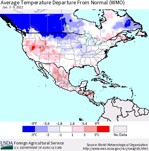 North America Average Temperature Departure from Normal (WMO) Thematic Map For 1/3/2022 - 1/9/2022
