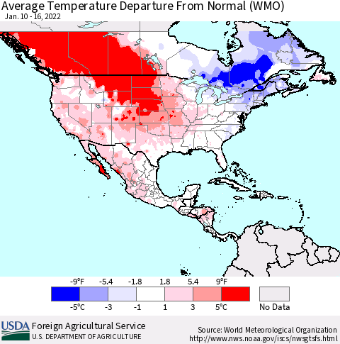 North America Average Temperature Departure from Normal (WMO) Thematic Map For 1/10/2022 - 1/16/2022