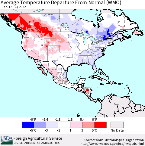North America Average Temperature Departure from Normal (WMO) Thematic Map For 1/17/2022 - 1/23/2022