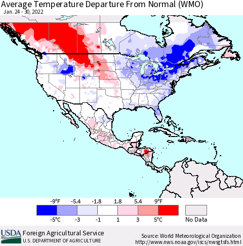 North America Average Temperature Departure from Normal (WMO) Thematic Map For 1/24/2022 - 1/30/2022