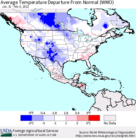 North America Average Temperature Departure from Normal (WMO) Thematic Map For 1/31/2022 - 2/6/2022