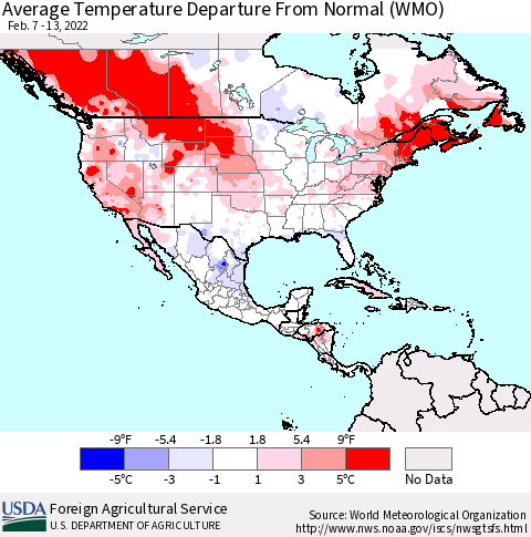 North America Average Temperature Departure from Normal (WMO) Thematic Map For 2/7/2022 - 2/13/2022