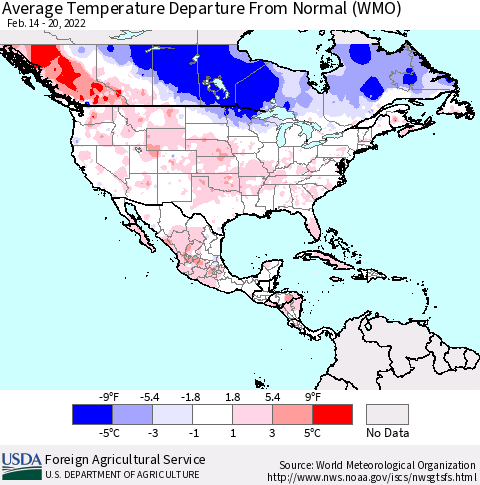 North America Average Temperature Departure from Normal (WMO) Thematic Map For 2/14/2022 - 2/20/2022