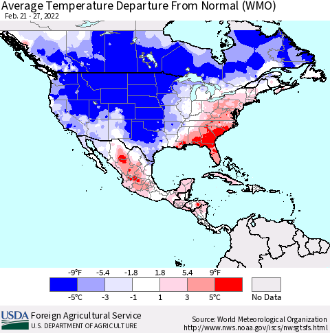 North America Average Temperature Departure from Normal (WMO) Thematic Map For 2/21/2022 - 2/27/2022