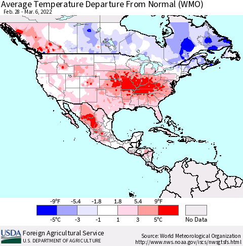 North America Average Temperature Departure from Normal (WMO) Thematic Map For 2/28/2022 - 3/6/2022