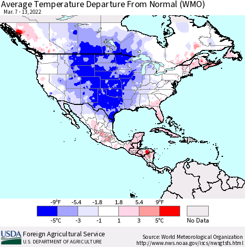 North America Average Temperature Departure from Normal (WMO) Thematic Map For 3/7/2022 - 3/13/2022