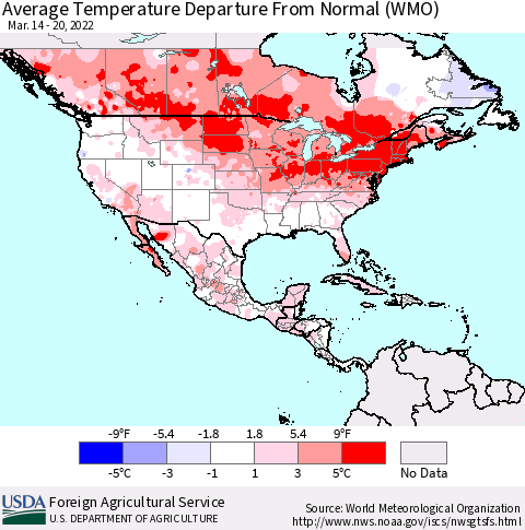 North America Average Temperature Departure from Normal (WMO) Thematic Map For 3/14/2022 - 3/20/2022