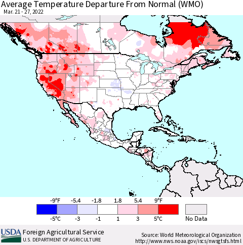 North America Average Temperature Departure from Normal (WMO) Thematic Map For 3/21/2022 - 3/27/2022