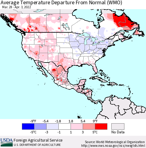 North America Average Temperature Departure from Normal (WMO) Thematic Map For 3/28/2022 - 4/3/2022