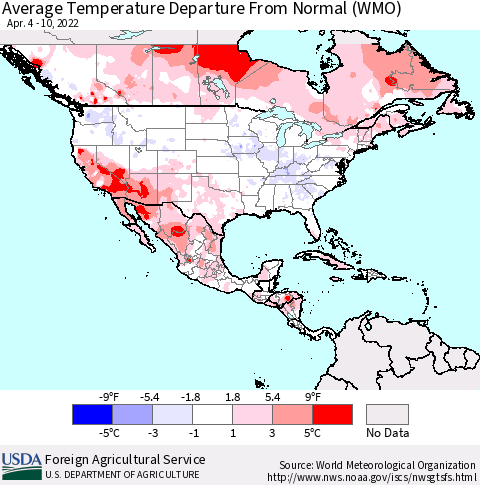 North America Average Temperature Departure from Normal (WMO) Thematic Map For 4/4/2022 - 4/10/2022