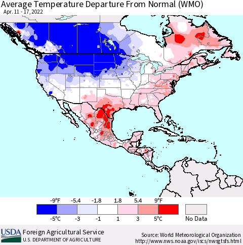 North America Average Temperature Departure from Normal (WMO) Thematic Map For 4/11/2022 - 4/17/2022
