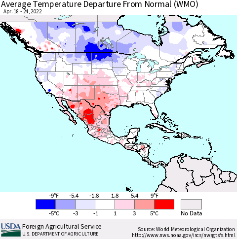 North America Average Temperature Departure from Normal (WMO) Thematic Map For 4/18/2022 - 4/24/2022