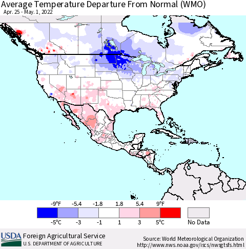 North America Average Temperature Departure from Normal (WMO) Thematic Map For 4/25/2022 - 5/1/2022