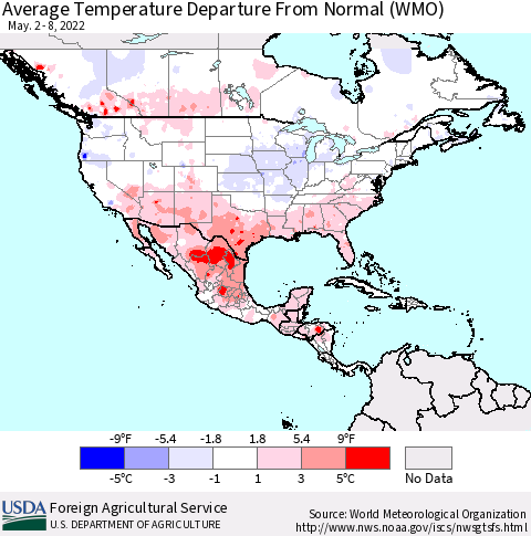 North America Average Temperature Departure from Normal (WMO) Thematic Map For 5/2/2022 - 5/8/2022