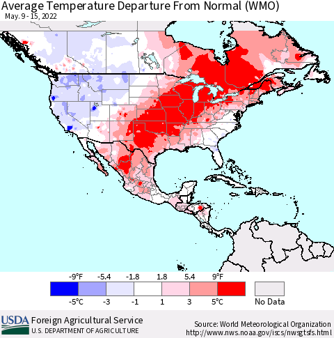 North America Average Temperature Departure from Normal (WMO) Thematic Map For 5/9/2022 - 5/15/2022