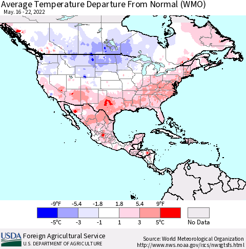 North America Average Temperature Departure from Normal (WMO) Thematic Map For 5/16/2022 - 5/22/2022