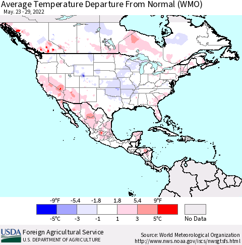 North America Average Temperature Departure from Normal (WMO) Thematic Map For 5/23/2022 - 5/29/2022
