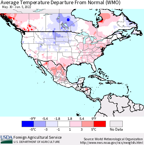 North America Average Temperature Departure from Normal (WMO) Thematic Map For 5/30/2022 - 6/5/2022