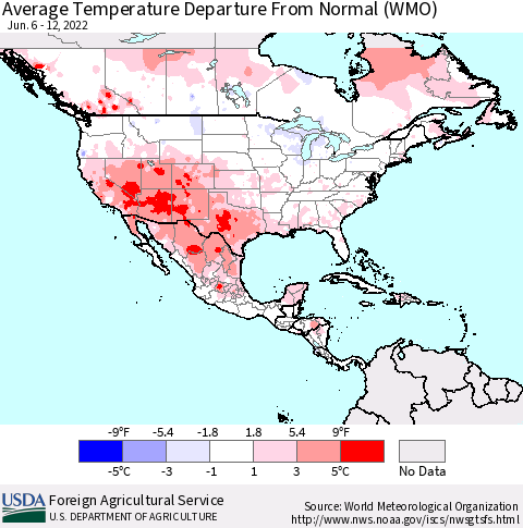 North America Average Temperature Departure from Normal (WMO) Thematic Map For 6/6/2022 - 6/12/2022