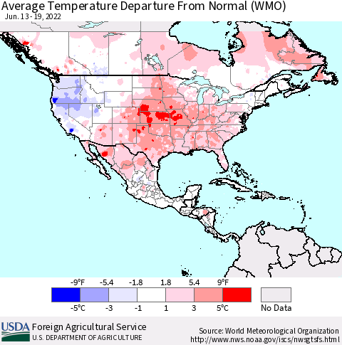 North America Average Temperature Departure from Normal (WMO) Thematic Map For 6/13/2022 - 6/19/2022