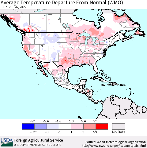North America Average Temperature Departure from Normal (WMO) Thematic Map For 6/20/2022 - 6/26/2022