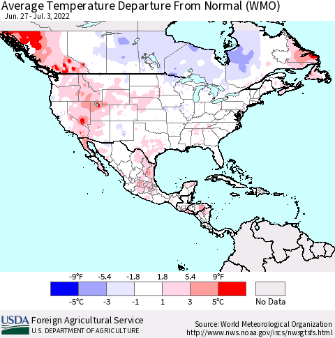 North America Average Temperature Departure from Normal (WMO) Thematic Map For 6/27/2022 - 7/3/2022