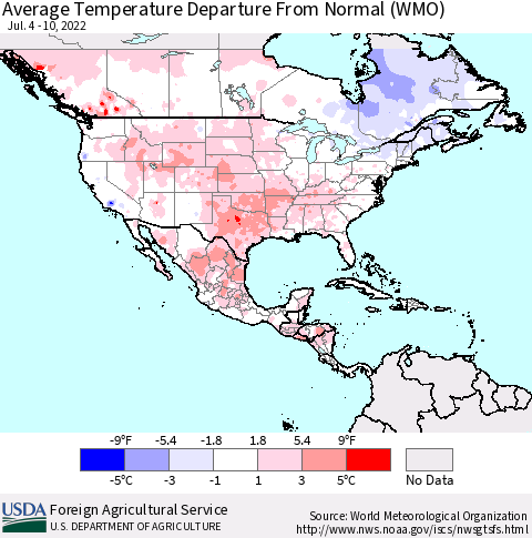 North America Average Temperature Departure from Normal (WMO) Thematic Map For 7/4/2022 - 7/10/2022