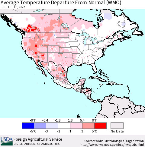 North America Average Temperature Departure from Normal (WMO) Thematic Map For 7/11/2022 - 7/17/2022