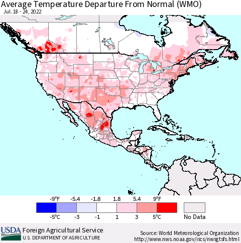 North America Average Temperature Departure from Normal (WMO) Thematic Map For 7/18/2022 - 7/24/2022