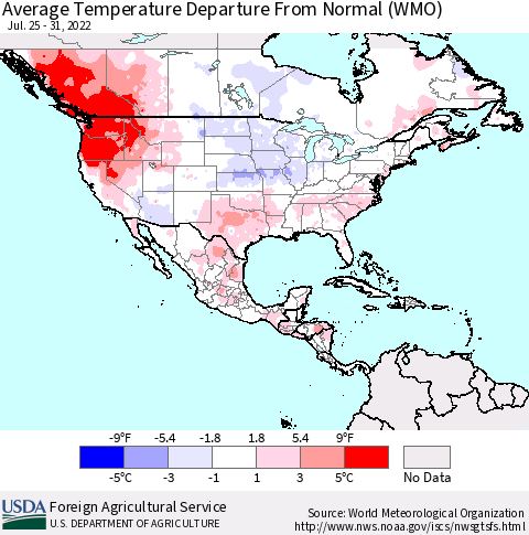 North America Average Temperature Departure from Normal (WMO) Thematic Map For 7/25/2022 - 7/31/2022