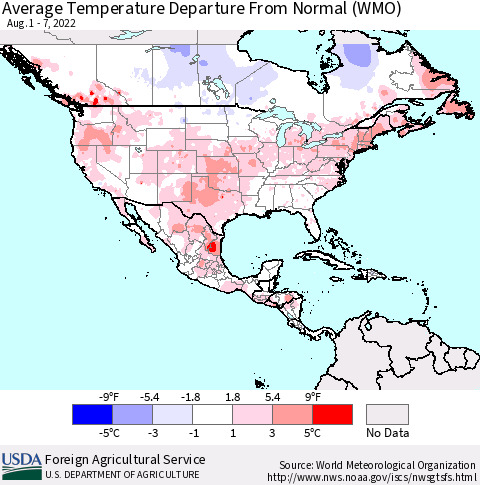 North America Average Temperature Departure from Normal (WMO) Thematic Map For 8/1/2022 - 8/7/2022