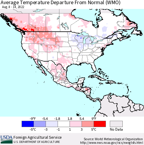 North America Average Temperature Departure from Normal (WMO) Thematic Map For 8/8/2022 - 8/14/2022