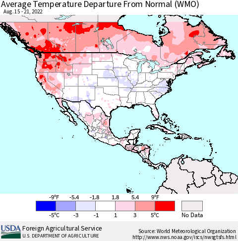 North America Average Temperature Departure from Normal (WMO) Thematic Map For 8/15/2022 - 8/21/2022