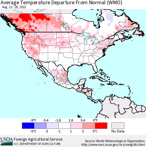 North America Average Temperature Departure from Normal (WMO) Thematic Map For 8/22/2022 - 8/28/2022