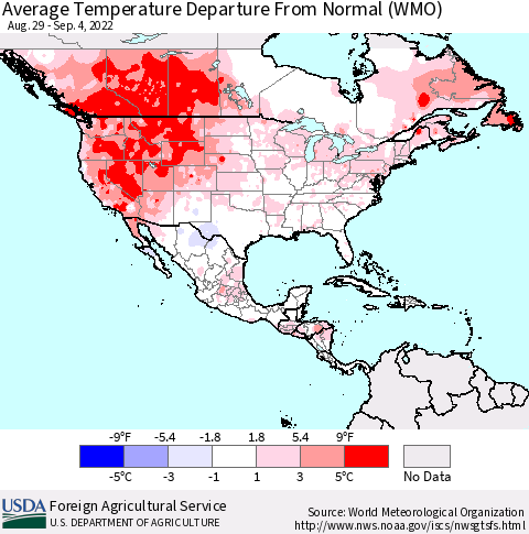 North America Average Temperature Departure from Normal (WMO) Thematic Map For 8/29/2022 - 9/4/2022