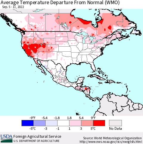North America Average Temperature Departure from Normal (WMO) Thematic Map For 9/5/2022 - 9/11/2022