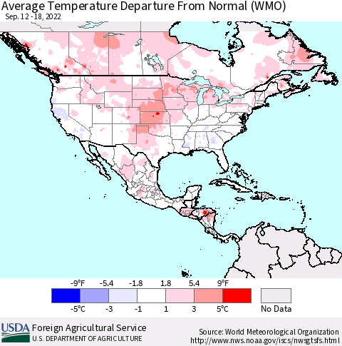 North America Average Temperature Departure from Normal (WMO) Thematic Map For 9/12/2022 - 9/18/2022