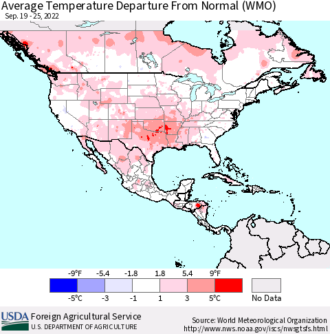 North America Average Temperature Departure from Normal (WMO) Thematic Map For 9/19/2022 - 9/25/2022