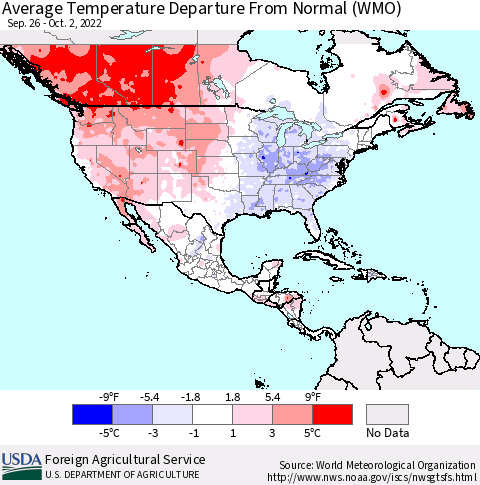 North America Average Temperature Departure from Normal (WMO) Thematic Map For 9/26/2022 - 10/2/2022