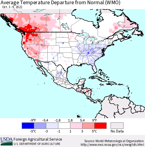 North America Average Temperature Departure from Normal (WMO) Thematic Map For 10/3/2022 - 10/9/2022