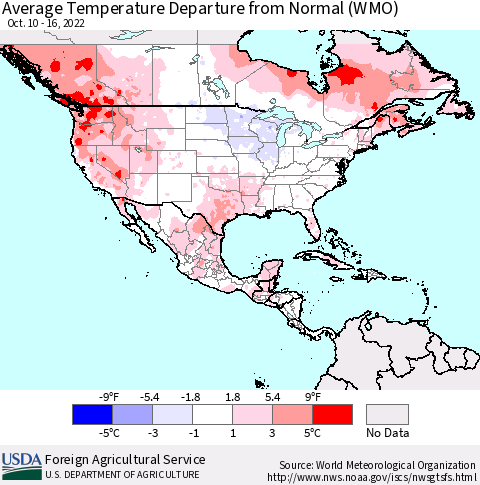 North America Average Temperature Departure from Normal (WMO) Thematic Map For 10/10/2022 - 10/16/2022