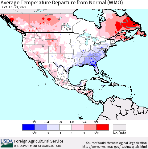 North America Average Temperature Departure from Normal (WMO) Thematic Map For 10/17/2022 - 10/23/2022