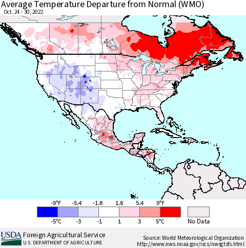 North America Average Temperature Departure from Normal (WMO) Thematic Map For 10/24/2022 - 10/30/2022